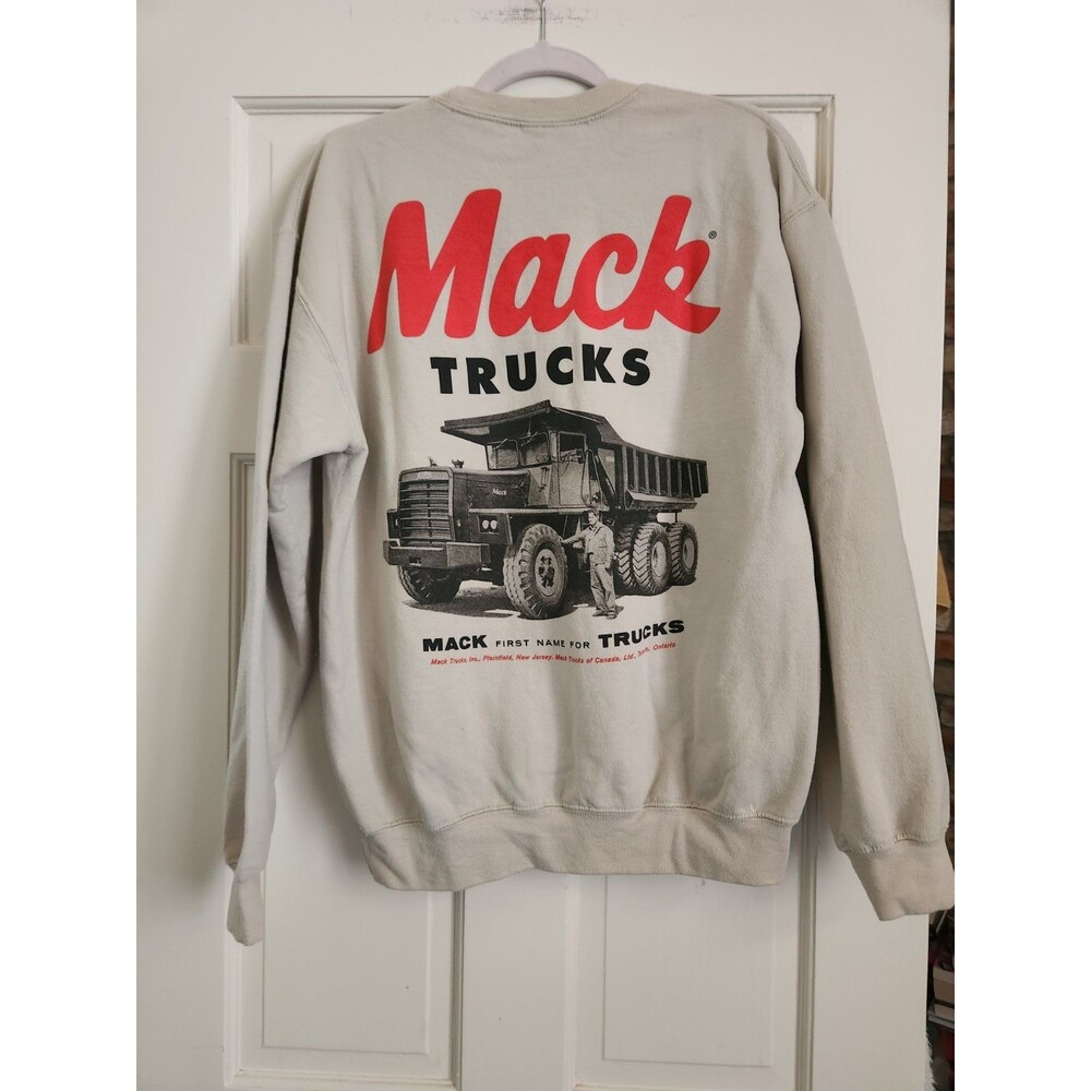 Retro Y2K Mack Trucks Beige Crewneck Pullover Sweatshirt M Rugged Utility